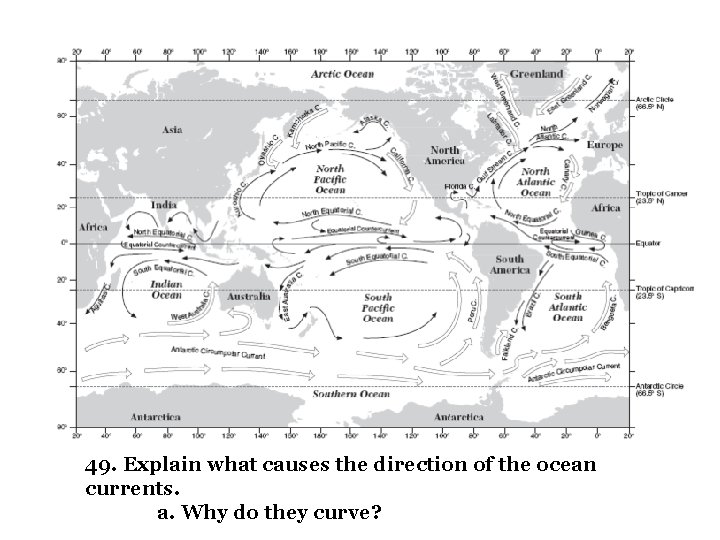 49. Explain what causes the direction of the ocean currents. a. Why do they