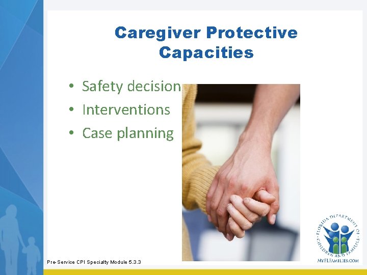 Caregiver Protective Capacities • Safety decision • Interventions • Case planning Pre-Service CPI Specialty