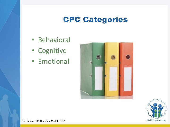 CPC Categories • Behavioral • Cognitive • Emotional Pre-Service CPI Specialty Module 5. 3.
