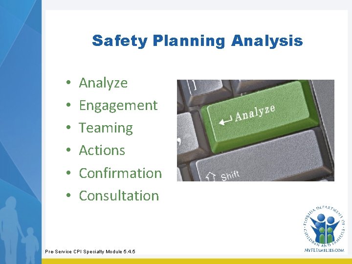 Safety Planning Analysis • • • Analyze Engagement Teaming Actions Confirmation Consultation Pre-Service CPI