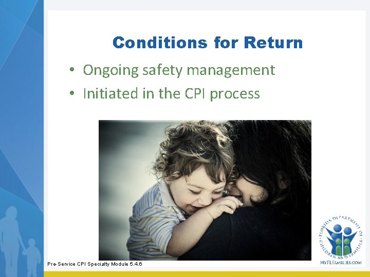 Conditions for Return • Ongoing safety management • Initiated in the CPI process Pre-Service