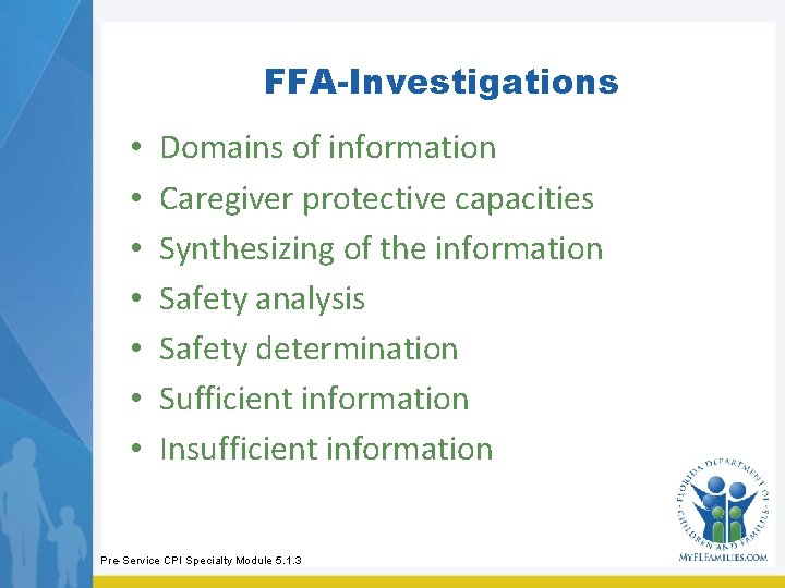 FFA-Investigations • • Domains of information Caregiver protective capacities Synthesizing of the information Safety