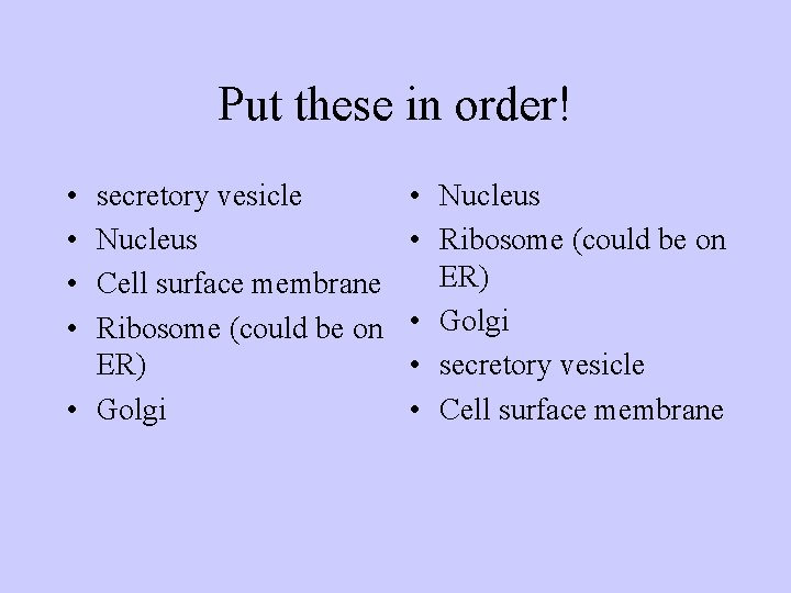 Put these in order! • • secretory vesicle Nucleus Cell surface membrane Ribosome (could