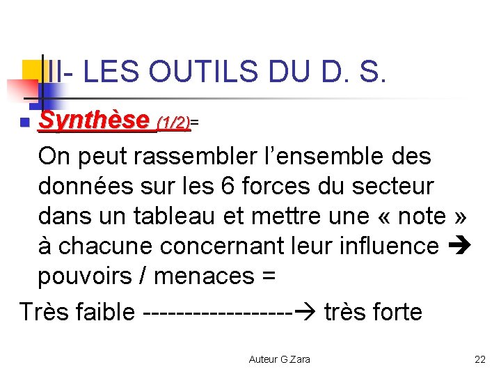 II- LES OUTILS DU D. S. Synthèse (1/2)= (1/2) On peut rassembler l’ensemble des