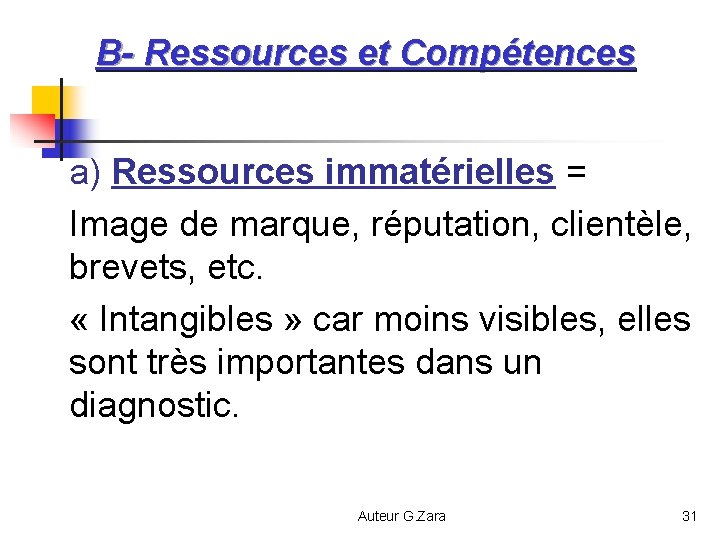 B- Ressources et Compétences a) Ressources immatérielles = Image de marque, réputation, clientèle, brevets,