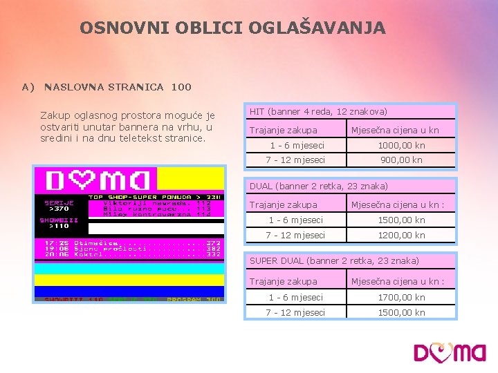 OSNOVNI OBLICI OGLAŠAVANJA A) NASLOVNA STRANICA 100 Zakup oglasnog prostora moguće je ostvariti unutar