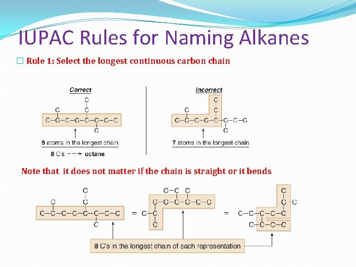 IUPAC Rules for Naming Alkanes � Rule 1: Select the longest continuous carbon chain