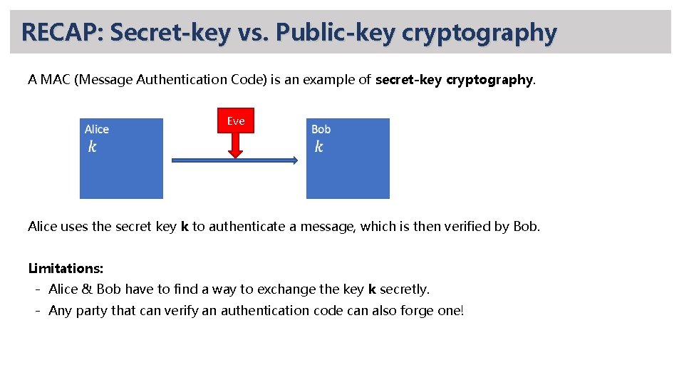 RECAP: Secret-key vs. Public-key cryptography A MAC (Message Authentication Code) is an example of
