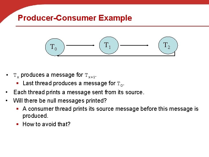 Producer-Consumer Example T 0 T 1 T 2 • Tx produces a message for