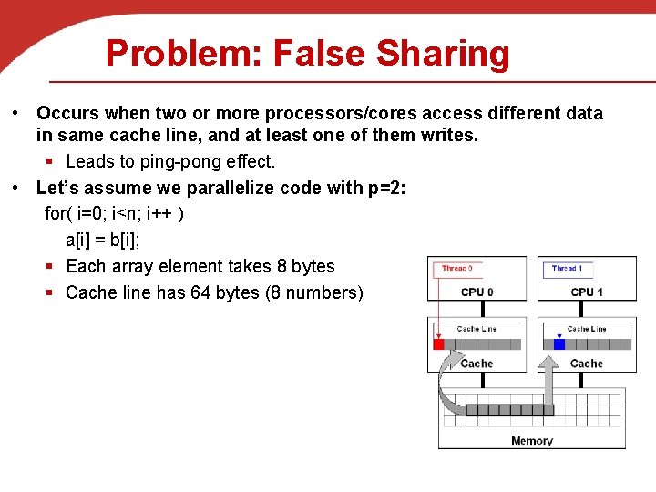 Problem: False Sharing • Occurs when two or more processors/cores access different data in