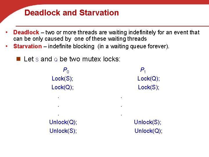 Deadlock and Starvation • Deadlock – two or more threads are waiting indefinitely for