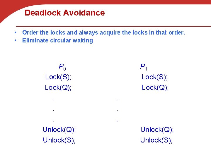 Deadlock Avoidance • Order the locks and always acquire the locks in that order.