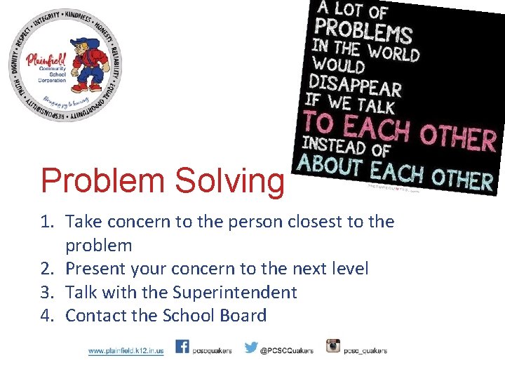 Problem Solving 1. Take concern to the person closest to the problem 2. Present