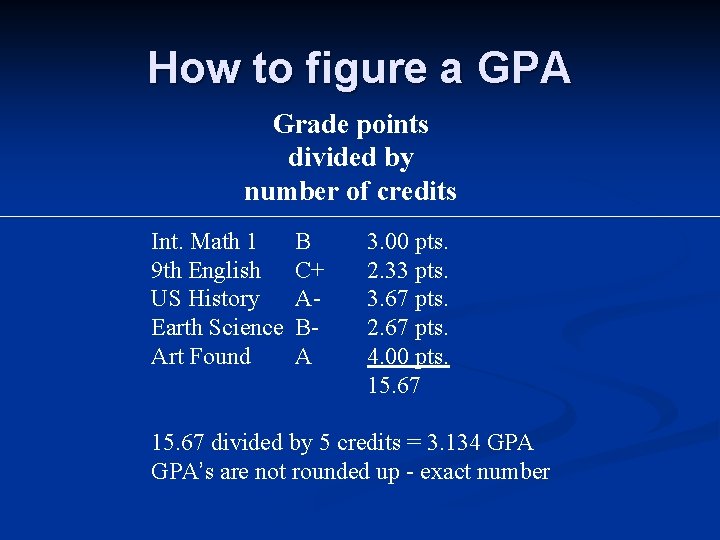 How to figure a GPA Grade points divided by number of credits Int. Math