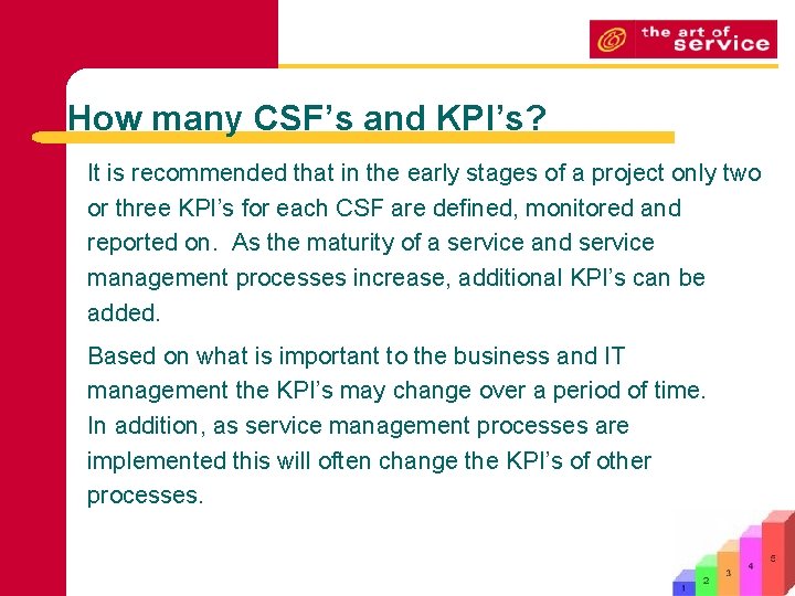 How many CSF’s and KPI’s? It is recommended that in the early stages of