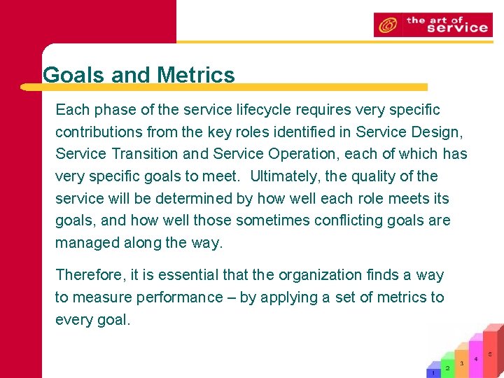 Goals and Metrics Each phase of the service lifecycle requires very specific contributions from