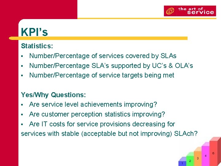 KPI’s Statistics: § Number/Percentage of services covered by SLAs § Number/Percentage SLA’s supported by