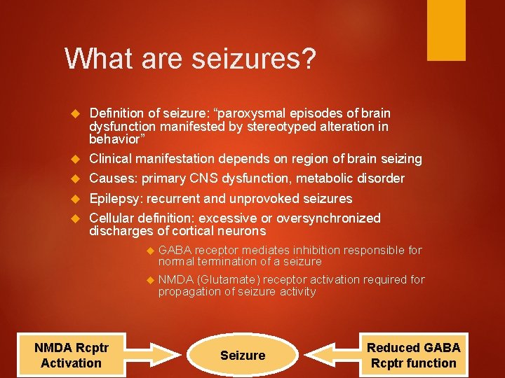 What are seizures? Definition of seizure: “paroxysmal episodes of brain dysfunction manifested by stereotyped