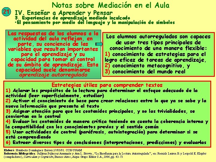 Notas sobre Mediación en el Aula 21 IV. Enseñar a Aprender y Pensar 3.