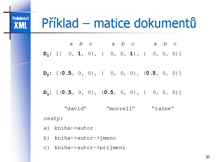 Příklad – matice dokumentů a b c D 1: [( 0, 1, 0), (