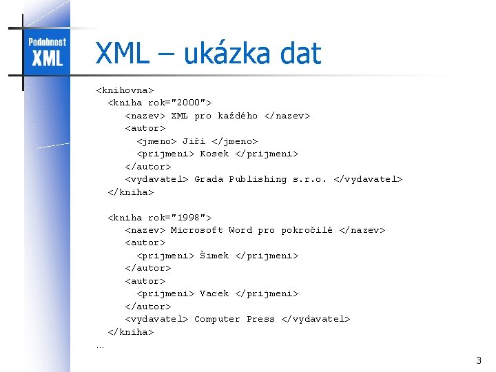 XML – ukázka dat <knihovna> <kniha rok="2000"> <nazev> XML pro každého </nazev> <autor> <jmeno>