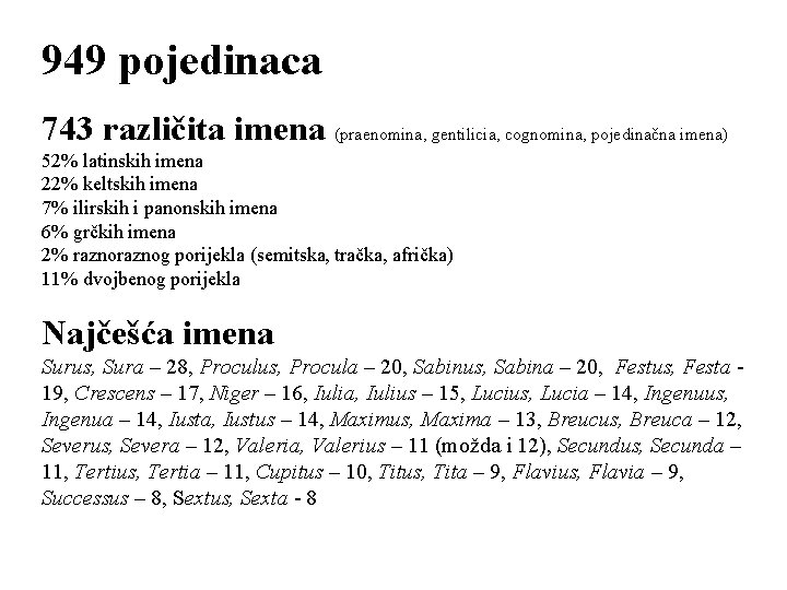 949 pojedinaca 743 različita imena (praenomina, gentilicia, cognomina, pojedinačna imena) 52% latinskih imena 22%