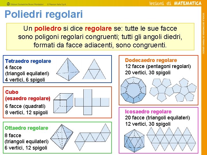 Poliedri regolari Un poliedro si dice regolare se: tutte le sue facce sono poligoni