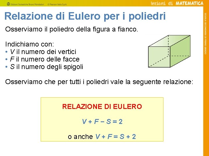 Relazione di Eulero per i poliedri Osserviamo il poliedro della figura a fianco. Indichiamo