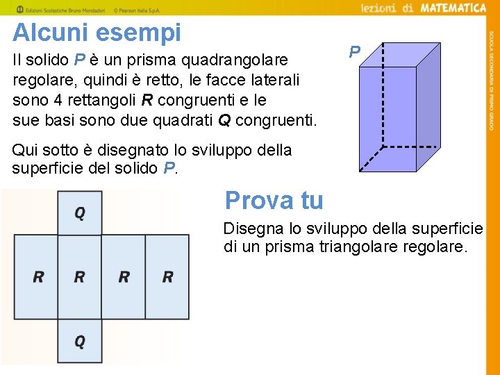 Alcuni esempi Il solido P è un prisma quadrangolare regolare, quindi è retto, le