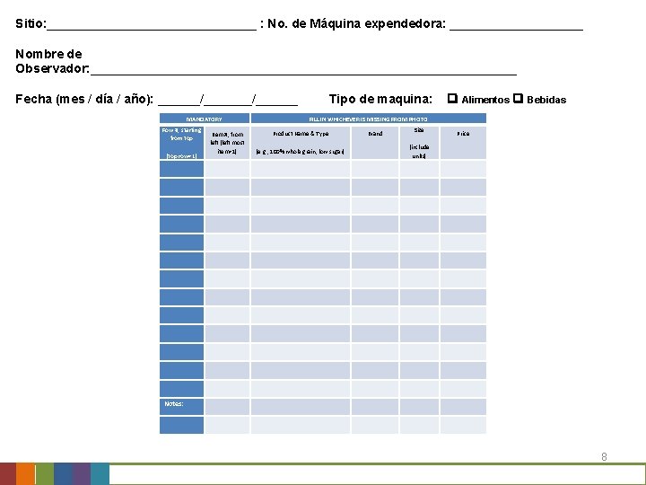 Sitio: _______________ : No. de Máquina expendedora: __________ Nombre de Observador: _______________________________ Fecha (mes Sitio: _______________ : No. de Máquina expendedora: __________ Nombre de Observador: _______________________________ Fecha (mes