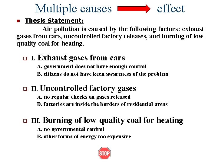 Multiple causes effect n Thesis Statement: Air pollution is caused by the following factors:
