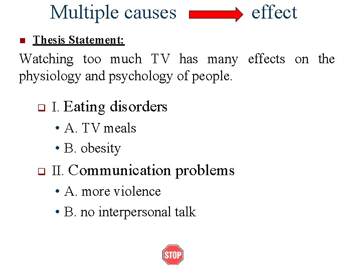 Multiple causes effect n Thesis Statement: Watching too much TV has many effects on