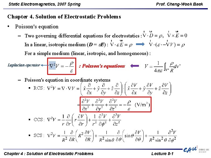 Static Electromagnetics, 2007 Spring Prof. Chang-Wook Baek Chapter 4. Solution of Electrostatic Problems •