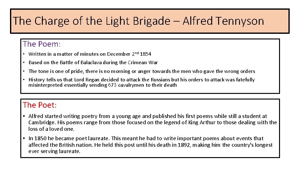 The Charge of the Light Brigade – Alfred Tennyson The Poem: • • Written