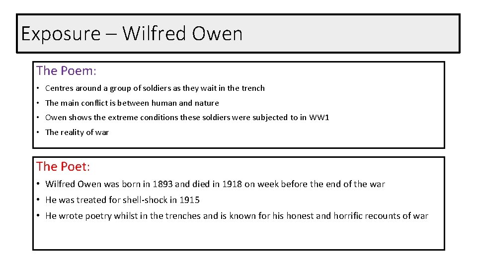 Exposure – Wilfred Owen The Poem: • Centres around a group of soldiers as
