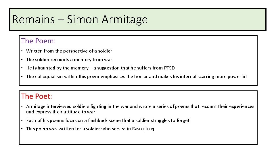 Remains – Simon Armitage The Poem: • Written from the perspective of a soldier