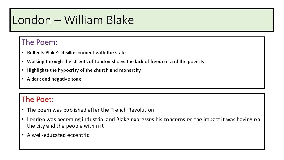 London – William Blake The Poem: • Reflects Blake’s disillusionment with the state •