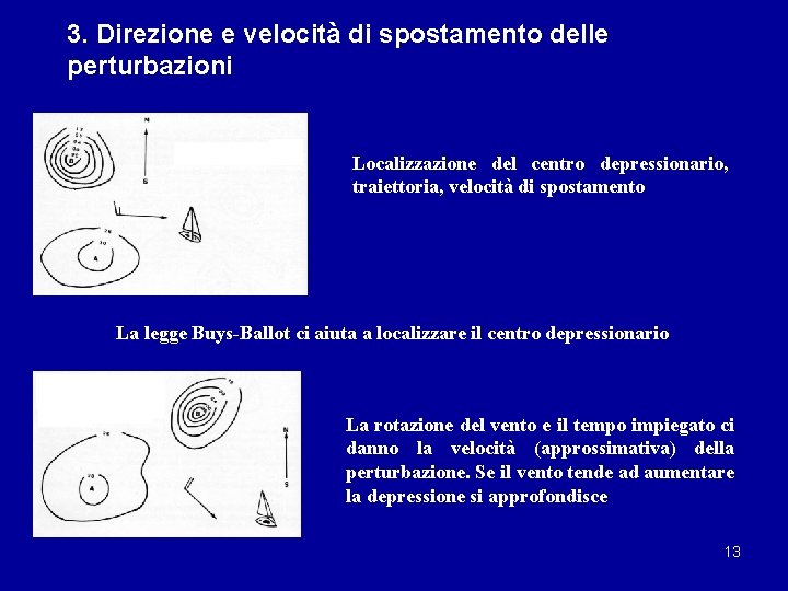 3. Direzione e velocità di spostamento delle perturbazioni Localizzazione del centro depressionario, traiettoria, velocità