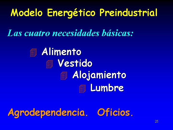 Modelo Energético Preindustrial Las cuatro necesidades básicas: 4 Alimento 4 Vestido 4 Alojamiento 4