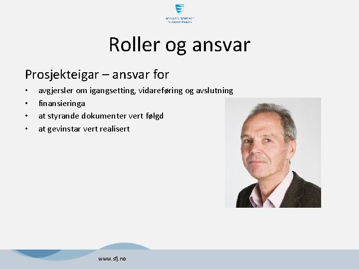 Roller og ansvar Prosjekteigar – ansvar for • • avgjersler om igangsetting, vidareføring og Roller og ansvar Prosjekteigar – ansvar for • • avgjersler om igangsetting, vidareføring og
