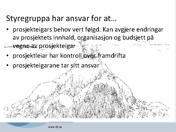 Styregruppa har ansvar for at… • prosjekteigars behov vert følgd. Kan avgjere endringar av Styregruppa har ansvar for at… • prosjekteigars behov vert følgd. Kan avgjere endringar av