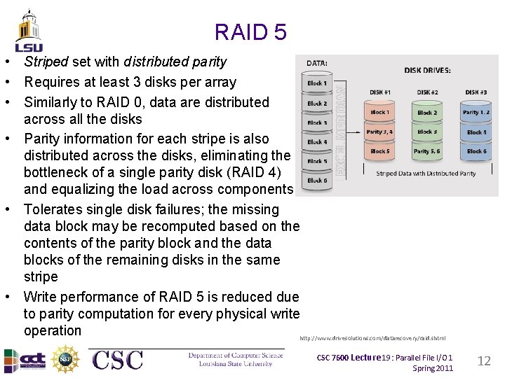 RAID 5 • Striped set with distributed parity • Requires at least 3 disks RAID 5 • Striped set with distributed parity • Requires at least 3 disks