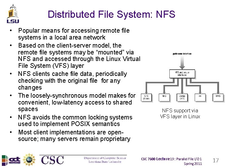Distributed File System: NFS • Popular means for accessing remote file systems in a Distributed File System: NFS • Popular means for accessing remote file systems in a