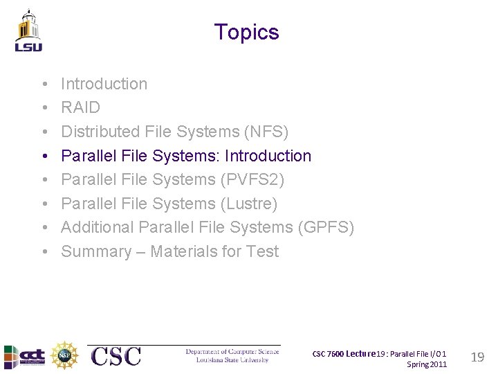 Topics • • Introduction RAID Distributed File Systems (NFS) Parallel File Systems: Introduction Parallel Topics • • Introduction RAID Distributed File Systems (NFS) Parallel File Systems: Introduction Parallel