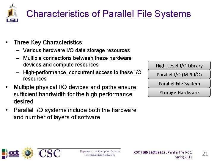 Characteristics of Parallel File Systems • Three Key Characteristics: – Various hardware I/O data Characteristics of Parallel File Systems • Three Key Characteristics: – Various hardware I/O data