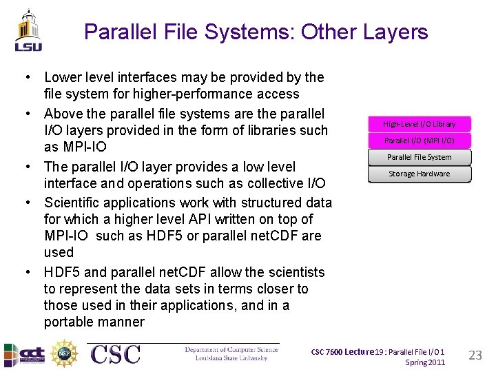 Parallel File Systems: Other Layers • Lower level interfaces may be provided by the Parallel File Systems: Other Layers • Lower level interfaces may be provided by the