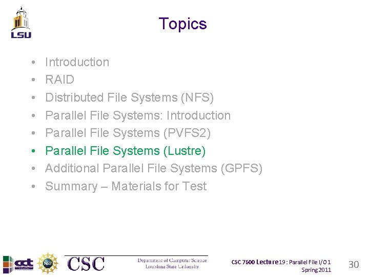 Topics • • Introduction RAID Distributed File Systems (NFS) Parallel File Systems: Introduction Parallel Topics • • Introduction RAID Distributed File Systems (NFS) Parallel File Systems: Introduction Parallel