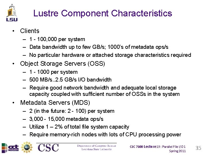 Lustre Component Characteristics • Clients – 1 - 100, 000 per system – Data Lustre Component Characteristics • Clients – 1 - 100, 000 per system – Data