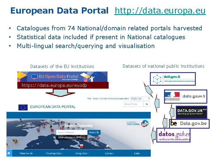 European Data Portal http: //data. europa. eu • Catalogues from 74 National/domain related portals