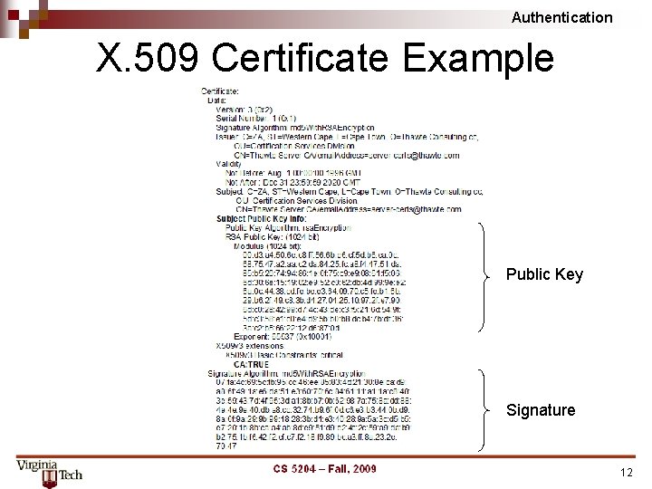 Authentication X. 509 Certificate Example Public Key Signature 12 